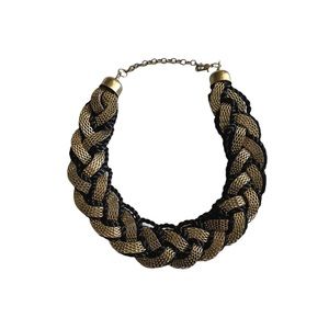 Vintage braided necklace goldtone metal black rope collar choker 1960s